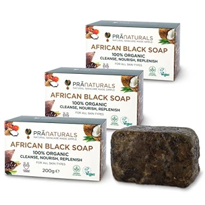 Immagine di Pranaturals Sapone nero africano 3 x 200 g, grezzo e 100% organico, saponetta da eticamente ottenuto realizzato a mano in Ghana, adatto per tutti i tipi di pelle