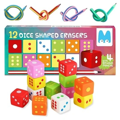 Immagine di Magicat Set di 12 gomme da cancellare a forma dadi per bambini I 4 matite pieghevoli, flessibili in 6 colori, gomma dado, giocattolo compleanno festa scuola