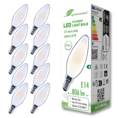 Immagine di greenandco 10 lampadine A filamento LED smerigliate E14 C35 3,8 W 806 lm sostituisce 60 2700 K bianco caldo 320 230 V senza sfarfallio Classe energetica non dimmerabile