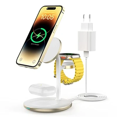 Immagine di Stazione di ricarica induttiva 3 in 1, senza fili, compatibile con caricabatterie Mag Safe per iPhone 14/12/11/Pro/Max, Apple Watch 7/6/5/4/3/2/SE, AirPods 3/2/Pro