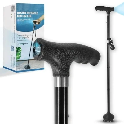Immagine di OrtoPrime Bastone da Passeggio Pieghevole con Luce LED Regolabile Adatto a Donne e Uomini Anziani Ortopedico Estensibile