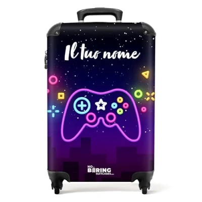 Immagine di NoBoringSuitcases.com Valigia Bambini, Trolley Bambino, Per 10 kg, Bambino Trolley, Personalizzabile, 55x40x20 cm (Joystick Neon viola)