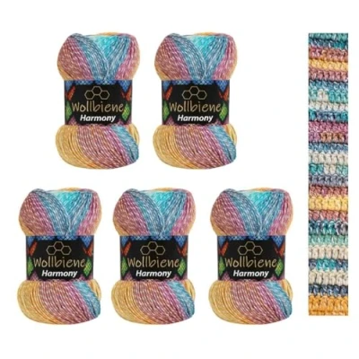 Immagine di 5 x 100 g Wollbiene Harmony Batik 500 grammi con gradiente di colore 30% cotone multicolore lana per maglieria all&#039;uncinetto tutto l&#039;anno
