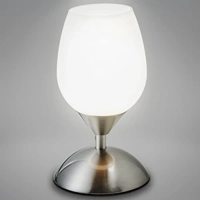 Immagine di B.K.Licht Lampada da comodino, forma a tulipano, interruttore touch, luce tavolo dimmerabile per l&#039;illuminazione interno, metallo cromato e vetro bianco, attacco lampadina E14 (non incusa)