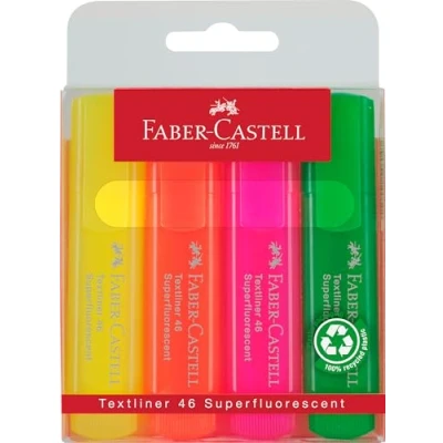 Immagine di Faber Castell 154604 Set di evidenziatori TL 1546, confezione da 4, colori neon, con punta a cuneo lunga durata, larghezza linea 1 5 mm, ricaricabili