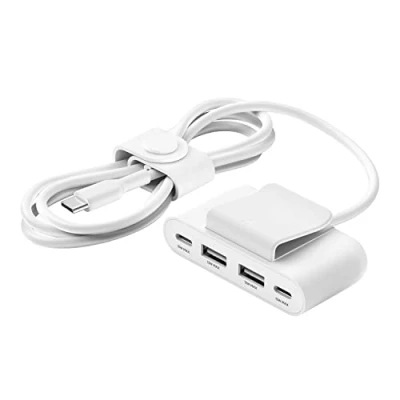 Immagine di Belkin Prolunga splitter di alimentazione a 4 porte USB con cavo da 2 m, C, A, adattatore 30 W, ricarica rapida per iPhone 14 e Galaxy S23, design eco friendly clip rimovibile