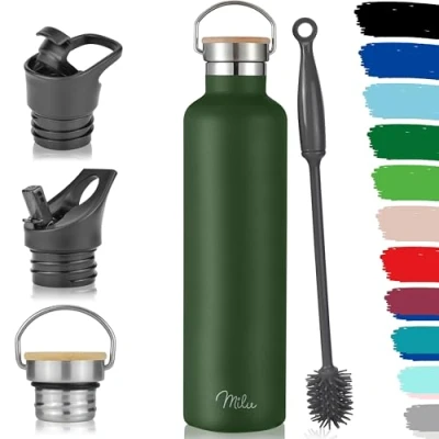 Immagine di Milu Borraccia in acciaio inox, 350 ml, 500 750 1000 ml (+3 coperchi), thermos con cannuccia, bottiglia isolata, a prova di perdite, doppia parete (Verde oliva, ml)
