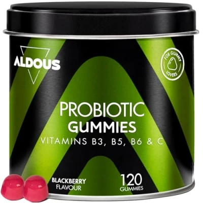 Immagine di Gomme probiotiche intestinali 120 al gusto naturale di mora Flora intestinale, gas Bifidobacterium, Lactobacillus, Vitamina C, B3, B5, B6 Per gli amanti delle gommose Aldous Labs
