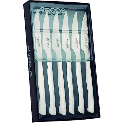 Immagine di Arcos Set di 6 Coltelli da Bistecca 4.3 pollici, Pacco Tascabili con Taglio Liscio per Tagliare e Filettare la Carne, Lama Manico in Acciaio Inossidabile Monoblocco, Serie Mesa