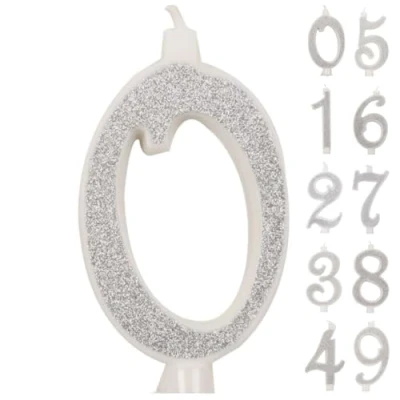 Immagine di Candelina a numero 0 bianca con Glitter Argento 10 cm IDEGOS