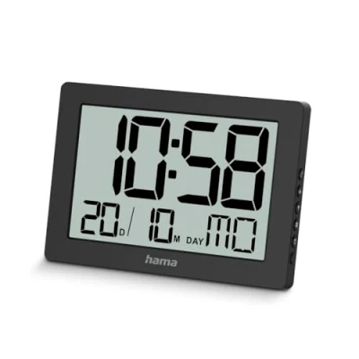 Immagine di Hama orologio da parete digitale (visualizzazione di tempo, calendario, giorno della settimana, 7 lingue, visualizzazione display in ore e minuti, con base pieghevole per l&#039;uso come
