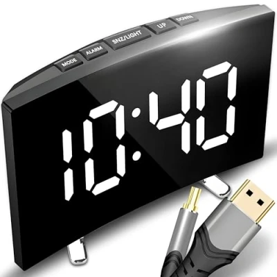 Immagine di Retoo sveglia digitale con grande display a LED, comodino alimentato batteria, orologio da tavolo elettronico, viaggio, ricarica USB, allarme specchio portatile 2 allarmi