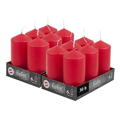 Immagine di Hofer Candele Rosse a Colonna 60 x 120 mm Set di 12 Decorative Cilindriche Colore Rosso Lunga Durata 39 Ore Cera Antigoccia Non Profumate Qualità RAL