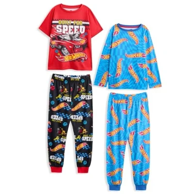 Immagine di Hot Wheels Set Pigiama per Ragazzi, Confezione da 2 Top a Maniche Corte con Grafica Auto Corsa Giocattolo Bambini e Pantaloni Gamba Lunga in Rosso Blu