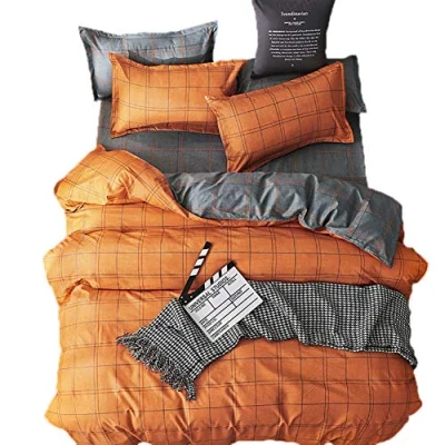 Immagine di Loussiesd Set copripiumino king size con federe, reversibile, arancione e grigio, chiusura a cerniera, biancheria da letto quadri morbida microfibra