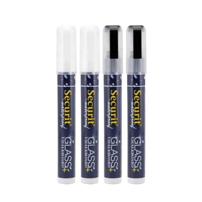 Immagine di Securit Set da 4 pennarelli a gesso liquido Colore Bianco e Nero punta Media Resistente all&#039;acqua, Impermebile