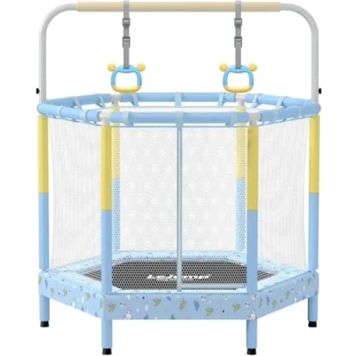 Immagine di LEJUMP Trampolini Elastici per Bambini Ø 130/140cm, Tappeto Elastico da Giardino, con Rete di Sicurezza, Certificato TÜV Süd GS (Felicità, 140cm barra e anelli)