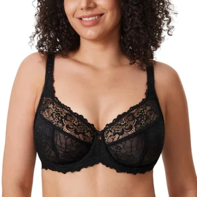 Immagine di DELIMIRA Donna Reggiseno Minimizer in Pizzo Taglie Forti Coppa Completa con Ferretto Senza Imbottito Nero 3C