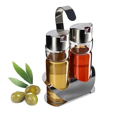 Immagine di KADAX dispenser di olio e aceto con supporto, contenitore in vetro trasparente coperchio metallo, set olio, bottiglie spezie da cucina, (argento)