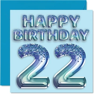 Immagine di Stuff4 Biglietto di auguri per il 22 compleanno, da uomo, con palloncini blu glitterati, anni, fratello, figlio, nipote, zio, 145 x mm, ventidue ventiduesimo e