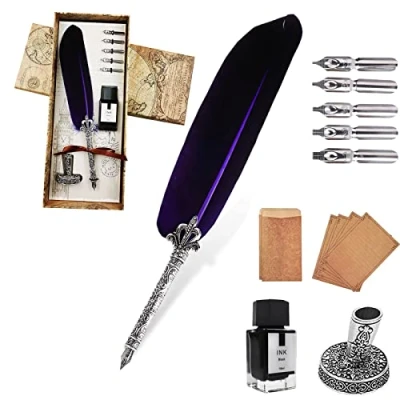 Immagine di AOMAYLL Set di Inchiostri a Penna Piuma,Stilografica Retrò Scrittura,penna calligrafica con pennino,penna d&#039;oca per scrittura,per I principianti Della Calligrafia