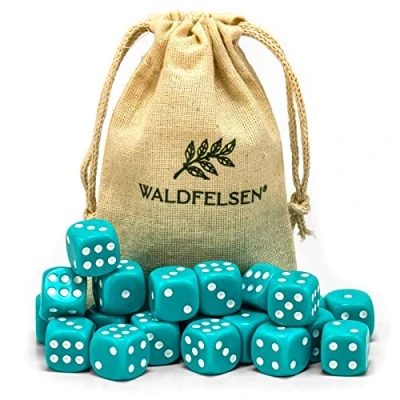 Immagine di Waldfelsen 6, 12, 20, 30 o 50 dadi di alta qualità, dimensioni standard 16 mm, acrilici, da gioco, 6 lati, set accessori gioco con sacchetto stoffa (turchese, 20 pezzi)