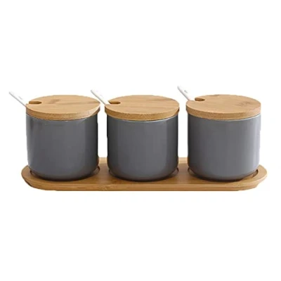 Immagine di OnePine Set di 3 Zuccheriera in Ceramica, 260ml Contenitore per spezie barattoli Rotonda con Coperchio e Cucchiaio, Design Elegante, Casa Cucina