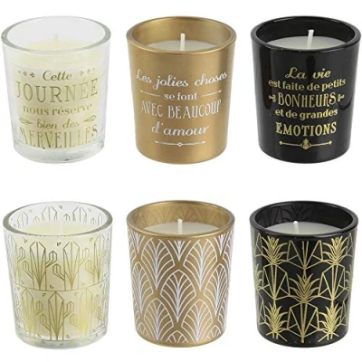 Immagine di The Candle Factory BO5134 Set di 6 candele profumate &quot;Home Deco Art&quot;, colore: oro nero e trasparente, pezzi, dimensioni: 5,5 x 14,6 18,6 cm