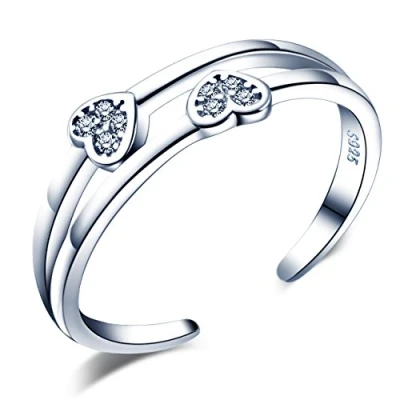Immagine di Infinite U Anello aperto a due fasce con decorazione di cuori classici in argento Sterling 925 zirconia cubica, per promessa matrimonio, fidanzamento, misura regolabile dalla 9 alla 16