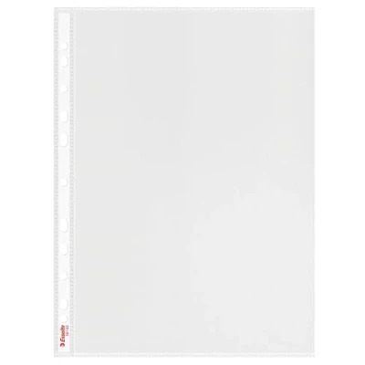 Immagine di Esselte Buste perforate di qualità in PP 85 micron, 30% Plastica Riciclata pre consumo, 100% Riciclabili, Formato A4, Finitura trasparente opaca, Apertura lato sinistro, Confezione da 100, 56143