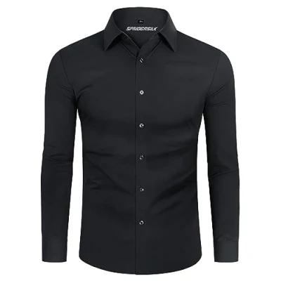 Immagine di DEMEANOR Camicia da uomo elasticizzata, a maniche lunghe, per il tempo libero, slim fit, uomo, lavoro, non necessita di stiratura, Nero , M