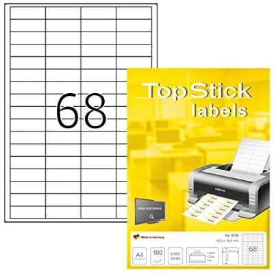 Immagine di TopStick etichette multiuso autoadesive, 68 per foglio A4, 100 fogli, 48,5 x 16,9 mm, 6800 etichette, universali vuote, stampanti laser e inkjet, bianco