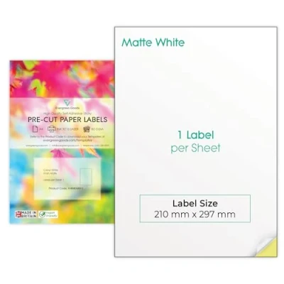 Immagine di Evergreen Goods etichette adesive formato A4, 30 in totale, fogli stampabili a getto d&#039;inchiostro e laser, carta autoadesiva multiuso