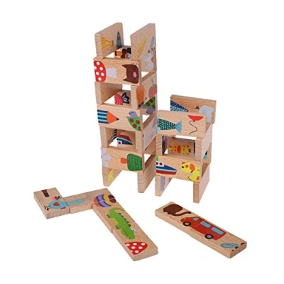 Immagine di 28 Pezzi Set Domino Building Blocks Costruzioni Puzzle in Legno Colorato Giocattoli di Cognizione Animale Gioco da Tavolo Giocattolo Educazione Precoce Compleanno Regalo per 3 4 5 6 7 Anni Bambini