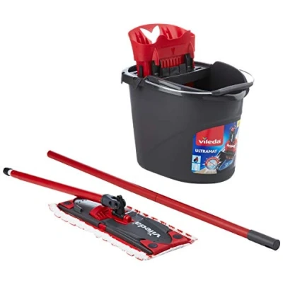 Immagine di Vileda Ultramax Set completo 2 in 1, con manico, rivestimento microfibra e secchio Powerpresse, per tutti i pavimenti duri, confezione ecologica