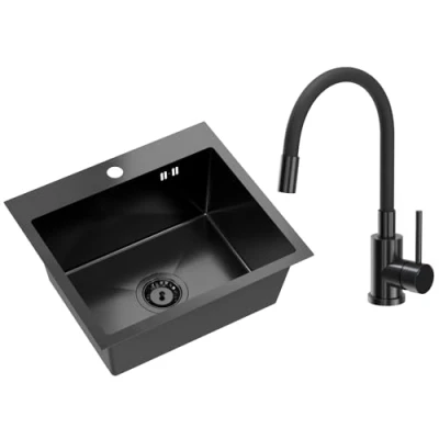 Immagine di VBChome Lavello da incasso in acciaio inox con rubinetto, 50 x 45 cm, nero, inox, foro per grande lavandino, sifone colore rubinetto PVD beccuccio