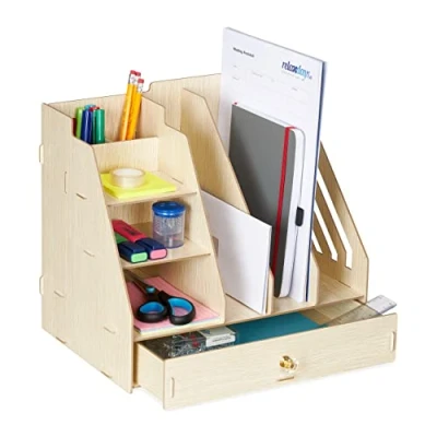 Immagine di Relaxdays Organizer da Scrivania, 3 Cassetti, Ripiani, 2 Portapenne, 1 Cassetto, Ufficio, DIY, MDF, Marrone Chiaro