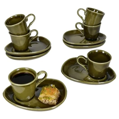Immagine di MamboCat Set di 6 tazze da caffè moka con piattini, verde oliva, per persone, in porcellana colazione e caffè, piccole piattini