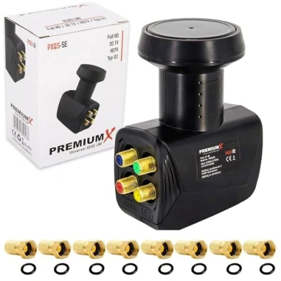 Immagine di Premium x Quad LNB per 4 partecipanti Convertitore di segnale TV con protezione dalle intemperie satellitare digitale in nero, incluso 8 connettori F DVB S2 8K UHD 4K Full HD
