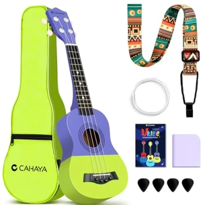 Immagine di CAHAYA Ukulele Soprano da 21 Pollici: in Tiglio con Custodia Portatile, Tracolla Regolabile Spartiti Corde di Ricambio Panno per la Pulizia e 4 Plettri, Adatto Principianti, Viola Verde