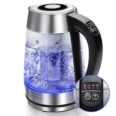 Immagine di Aigostar Cris Bollitore elettrico in vetro borosilicato, 2200W, 1,7 litri. Controllo della temperatura variabile, funzione di mantenimento caldo. Incluso un filtro staccabile, illuminazione a LED.