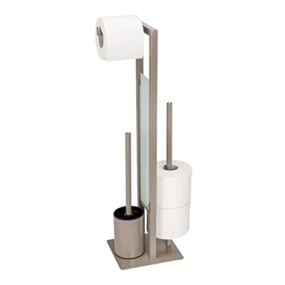 Immagine di WENKO Stand Rivalta Scopino WC autoportante con scopino, porta rotolo di carta igienica e ricambio, in acciaio laccato opaco, divisorio vetro sicurezza, 18 x 70 23 cm, tortora/nero
