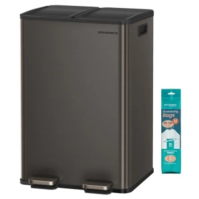 Immagine di SONGMICS Cestino da Cucina, 2 x 30 L, Scomparti, Pattumiera a Pedale con Coperchio Chiusura Morbida e Secchio Interno, Acciaio Inossidabile, 15 Sacchi Inclusi, Grigio Ardesia LTB741G01