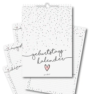 Immagine di calendario di compleanno, formato DIN A4, motivo coriandoli con righe extra lunghe, rilegatura a spirale 170 gm², indipendentemente dall&#039;anno, permanente per donne, WG, Ufficio, tutta