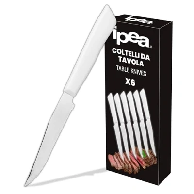 Immagine di IPEA Coltelli da Tavola Bianchi per Bistecca e Carne Set 6 Coltello Affilati con Lama Seghettatata in Acciaio Inox Tagliare Alimenti a Pranzo Cena Posate Casa Cucina
