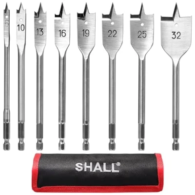 Immagine di SHALL Set di punte piatte per legno, 8 pezzi, codolo esagonale a cambio rapido da 1/4&quot;, Ø 6 32 mm, punta trapano legno piatta, con custodia