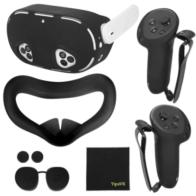 Immagine di Set di accessori VR 5 in 1 per MetaQuest 3S, compatibile con Quest 3S Controller Grip Cover, Shell Protective Lens Silicone Face Pad, Joystick Caps