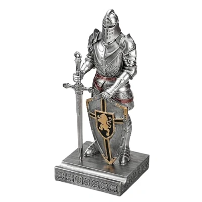 Immagine di HDMbigmi King&#039;s Guard Ornamento Statua Cavaliere per scrivania, accessori da portapenne, supporto fermacarte ufficio e casa (argento)