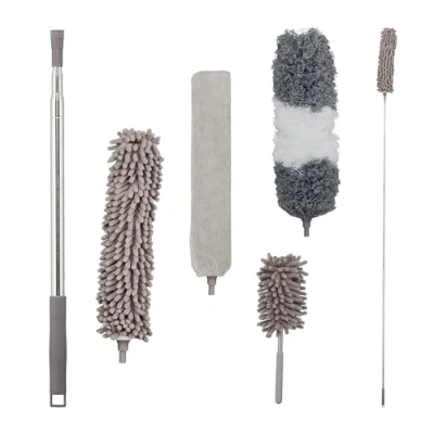 Immagine di Relaxdays Set di Spolverini per Polvere, 3 Inserti, 1 Spazzolone Asta Telescopica Fino 2,5 m Lavabile Pieghevole, Grigio, Poliestere, Acciaio Inox, Plastica