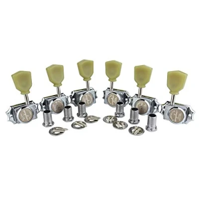 Immagine di Guyker 6Pcs Guitar Locking String Tuning Pegs (3R + 3L) 1:15 Vintage Deluxe Style Tuners Key Machine Heads Set with Keystone Knob Replacement for Les Paul Electric or Acoustic Chrome